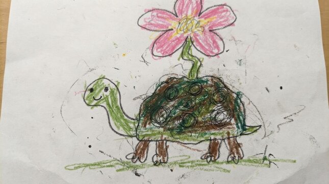 Crayon turtle illustration with large pink flower growing from shell on white paper.