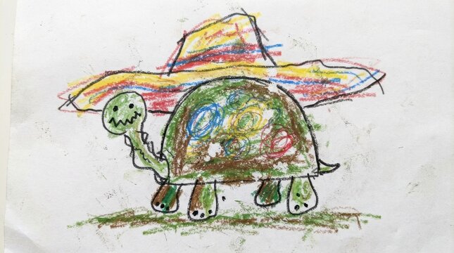 Naive turtle drawing wearing large colorful striped sombrero hat on white background.