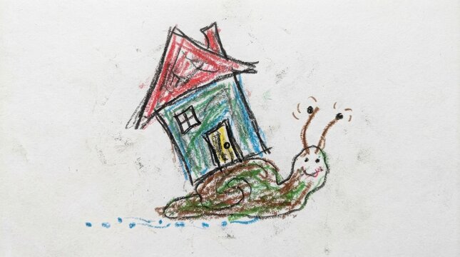 Amusing drawing of a snail carrying a house on its back, perfect for kids' stories and nature themes.