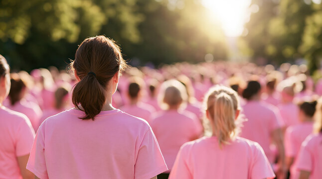 Breast cancer awareness charity walk with a large crowd of women in pink shirts at a sunset fundraising run event