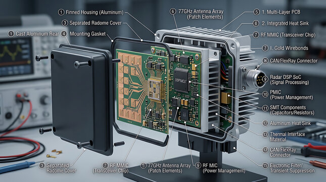 Automotive radar sensor cutaway showing internal circuit board components