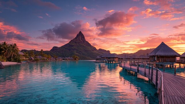 Bora bora tropical paradise at sunset with luxurious overwater bungalows, turquoise lagoon and mount otemanu, exotic island vacation getaway and romantic honeymoon destination in french polynesia