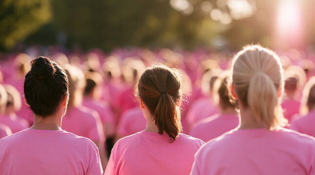 Women in pink shirts participating in a charity walk event for breast cancer awareness and community support crowd
