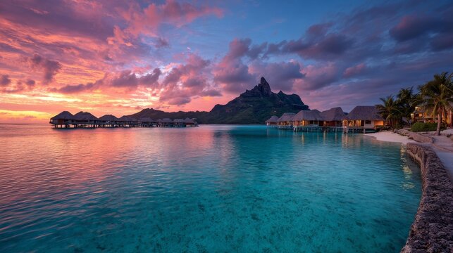 Bora bora tropical paradise at sunset with luxurious overwater bungalows, turquoise lagoon and mount otemanu, exotic island vacation getaway and romantic honeymoon destination in french polynesia