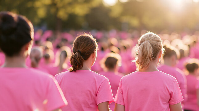 Women in pink shirts participating in a charity breast cancer awareness walk event with a crowd outdoors at sunset