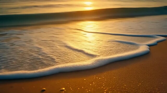 Gentle waves lap onto a golden sandy beach at sunset