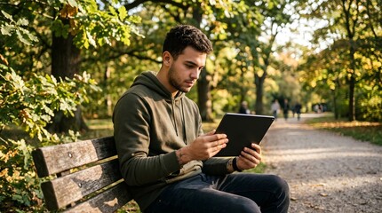 Obraz premium Young man sitting on a park bench using a digital tablet outdoors