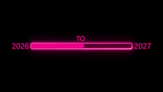 New year 2027 neon  icon loading bar animation Year changing from 2026 to 2027. Loading bar from 2026 to 2027 new year transfer animation. Almost reaching New Year on black background, 4k video.