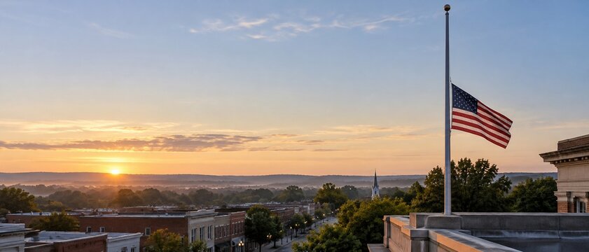 American flag lowered at dawn with a peaceful skyline representing honor and remembrance for those we have lost