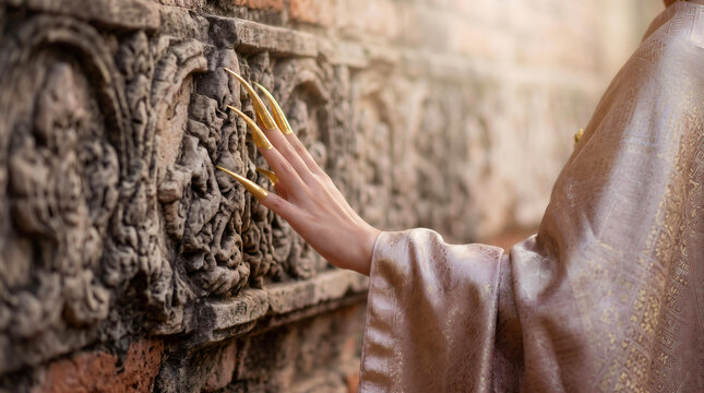Close-up of woman hand wearing traditional metal fingernail extensions touching ancient stone temple wall