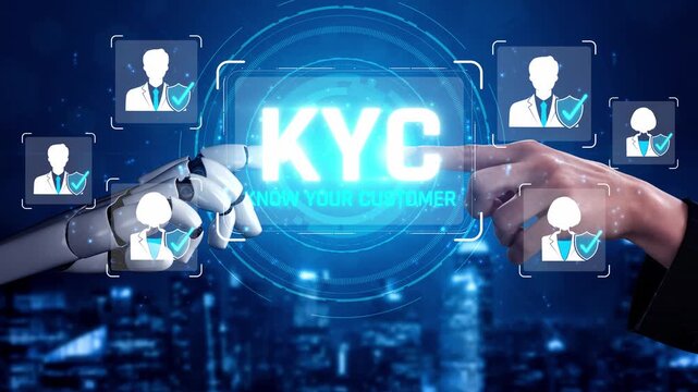 Futuristic Technology Concept of KYC with Human and Robot Hands Interacting Against a Digital Background for Banking and Finance Applications Sigmoid