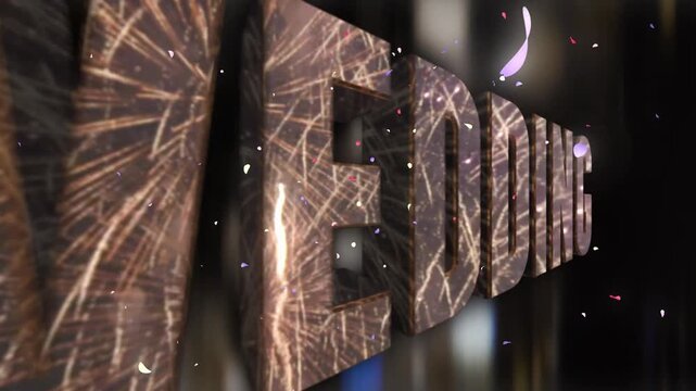 花びらが舞い散る花火背景と鏡面反射するHAPPY WEDDINGの3D文字