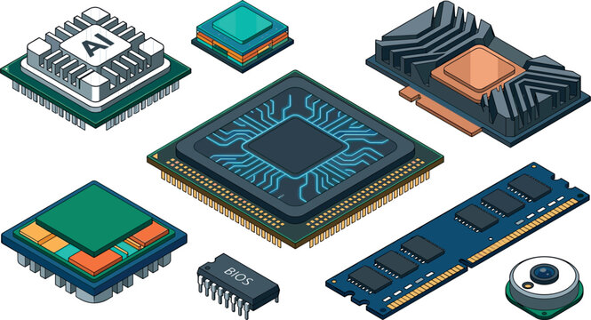 Isometric Computer Hardware Component Vector Set Featuring AI Microchip, Central Processor Unit, RAM Module, BIOS Chip, and Graphics Card Cooling Heatsink Symbols