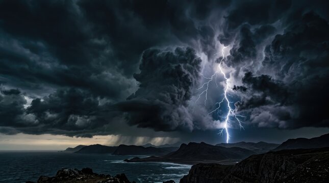 A dramatic, dark storm rages over a rugged coastline. Massive, dark storm clouds dominate the sky, illuminated by a brilliant, jagged bolt of lightning.
