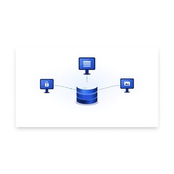 Centralized database server rack connected to desktop monitor client nodes