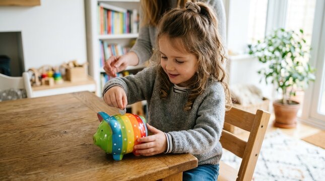 A young girl is happily playing with a colorful piggy bank on a wooden table. A woman is standing behind her, seemingly assisting or observing.