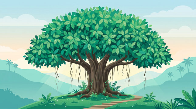 Minimalist flat vector illustration of a majestic tropical banyan tree with hanging aerial roots on a lush green hill at morning sunrise.