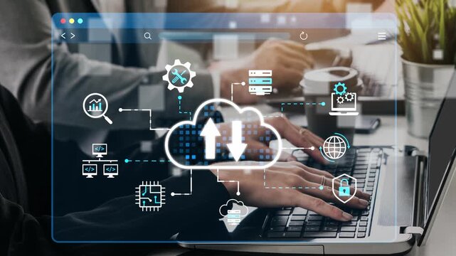 Cloud Computing Concept with Data Transfer, Digital Icons, Technology Graphics, and Business Collaboration in Modern Office Environment. Entropy.