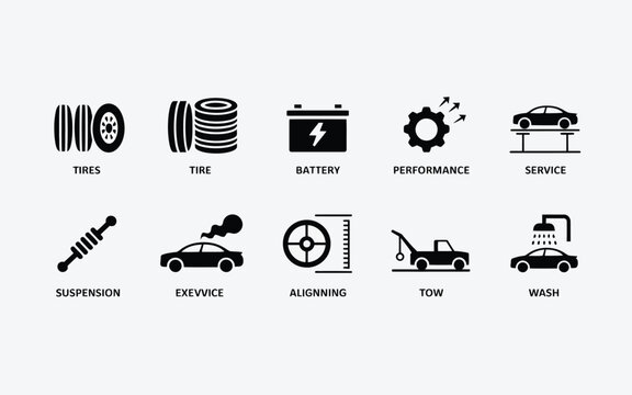 Car auto service black glyph icon set tires battery performance repair suspension tow wash wheel alignment vector isolated illustration