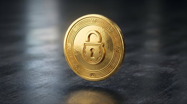 Golden coin with a padlock symbol representing secure digital currency
