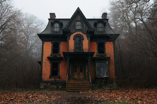 Abandoned victorian mansion in a spooky foggy forest with creepy autumn leaves on the ground in a haunted house