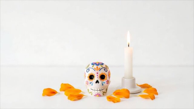Painted sugar skull with burning candle and marigold petals on white background. Day of the dead altar decoration.
