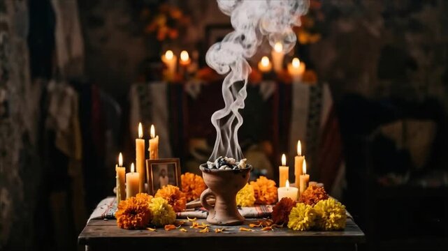 Day of the dead altar with smoking incense burner, burning candles and marigold flowers. Mexican tradition memorial offering with photo of deceased.