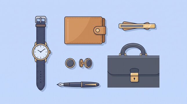 Professional men's business accessories including wristwatch, card holder, tie clip, cufflinks and pen in sophisticated flat pastel icons.