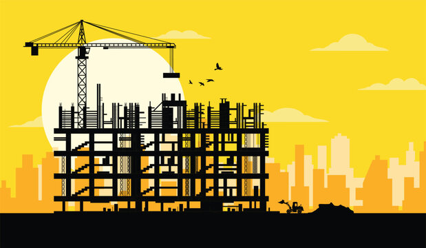 Construction Site and City Skyline at Sunset, Building Development Vector Illustration