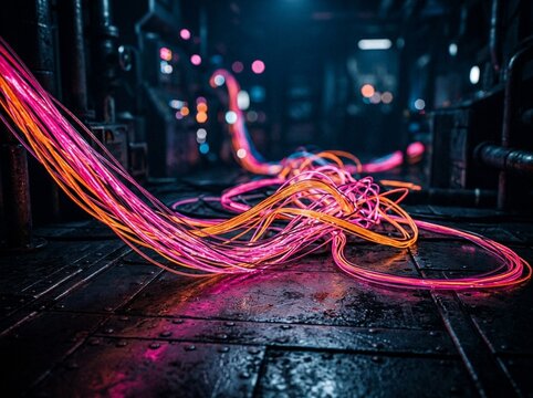 Fiber Optics Glowing in a Dark Industrial Data Transfer Environment