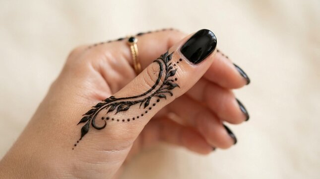 Intricate black henna design adorns a woman's thumb featuring sharp glossy dark polished nails while captured in a soft natural light close up macro photography style.