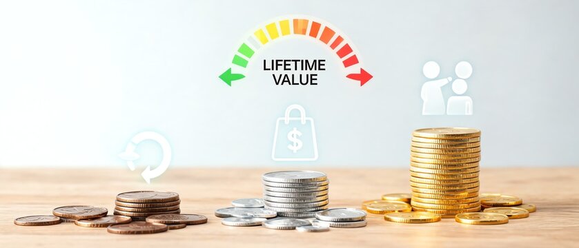 Customer Lifetime Value Analysis Gauge Hologram Over Loyalty Coin Stacks
