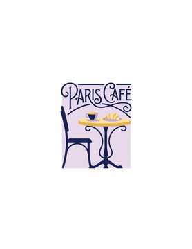 Vintage Paris Cafe Illustration featuring Coffee Cup and Croissant on Bistro Table for French Lifestyle and Travel Poster Design