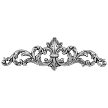 Ornate silver metal filigree scrollwork ornament with symmetrical baroque leaf patterns and decorative flourishes isolated on a transparent background