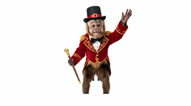 Cute monkey ringmaster in red velvet costume waving hand against isolated white background