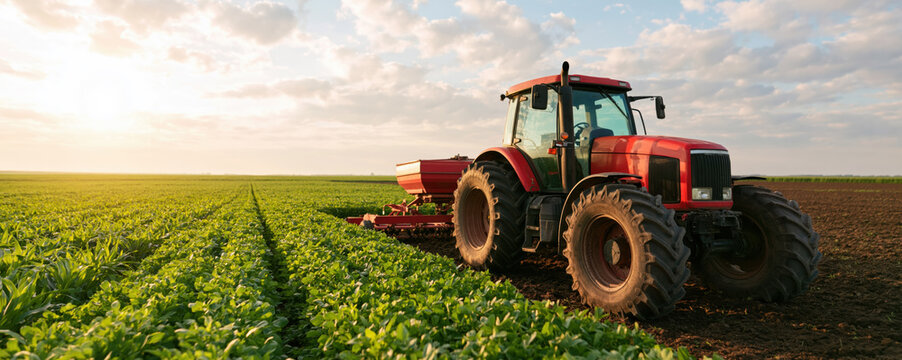 Agriculture tractor working in a lush green field at sunset with golden sunlight and rural farm machinery crops