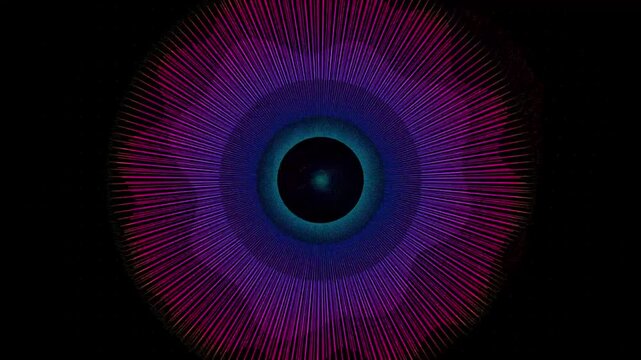 Abstract geometric iris animation, pulsating purple and blue radial lines, futuristic digital eye motion graphic for technology background