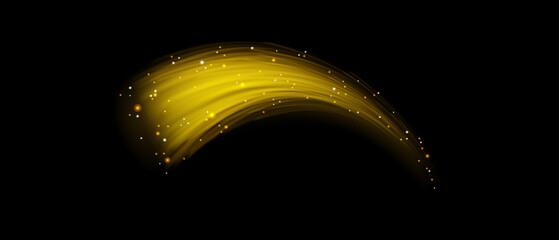 Abstract golden light trail with glowing particles and motion blur effect, dynamic wave of energy isolated on black background © Vc