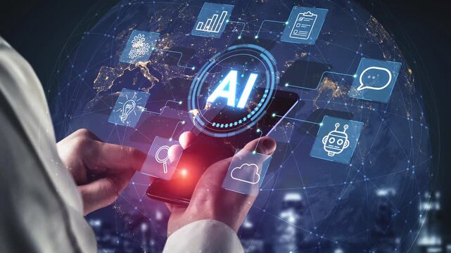 Hands Holding Smartphone with AI Icons and Digital Globe Background Representing Technology Communication and Innovation in Modern Society. Entropy.