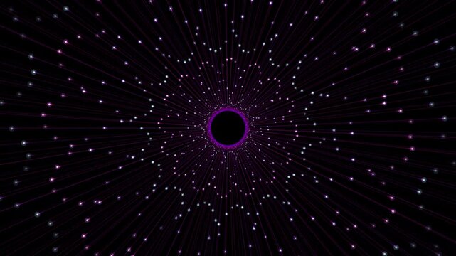 Abstract purple particle tunnel loop, glowing geometric starburst animation, futuristic cosmic portal background for music visuals