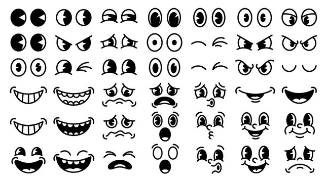 Set of various cartoon eyes and mouths showing different emotions on a plain white background with expressions human emotions white vector collection