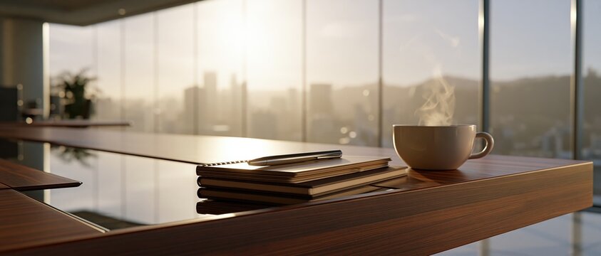 Modern Office Meeting Table with Glass Surface, Notebook, Coffee Cup and City View