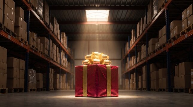 Large red gift box with gold ribbon under spotlight in warehouse aisle. Festive logistics and holiday shipping concept for e-commerce fulfillment and supply chain marketing design.