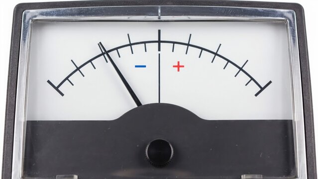 Analog meter with needle pointing to negative on white background. Useful for concepts of measurement and data.