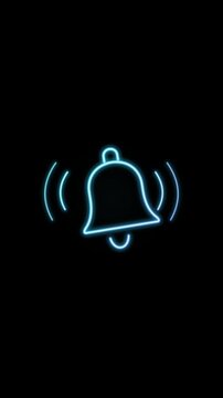 Cyan neon bell icon with sound waves pulses slightly on a black background