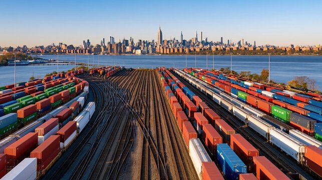 Cargo containers on tracks with city skyline