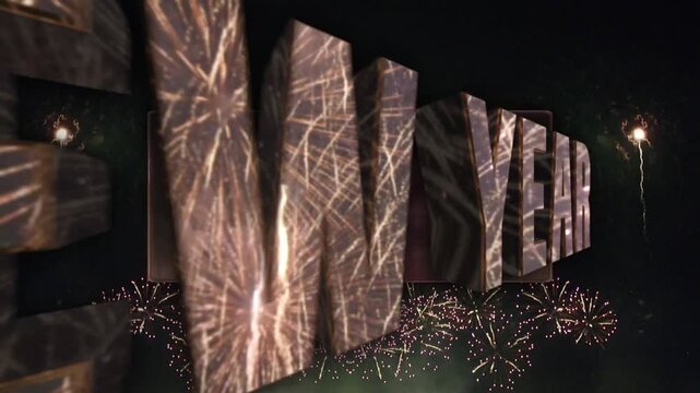 打ち上げ花火が鏡面反射するHAPPY NEW YEARの3Dモーションテキスト