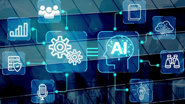 Futuristic Digital Interface with AI, Gears, Cloud, and Data Visualization Elements Against Modern City Skyline Background. Entropy.