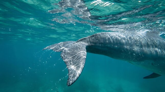 A breathtaking view of a majestic humpback whale swimming gracefully underwater as sunlight streams through the clear blue ocean depths creating a