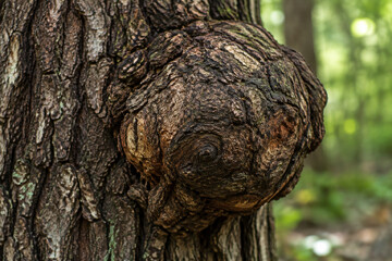 Obraz premium Close-up of a round burl growth on a tree trunk, textured dark brown bark in forest.